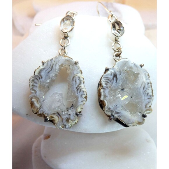 Natural Geode Slice Quartz Druzy Herkimer Diamond Sterling Silver Earrings - Picture 4 of 8